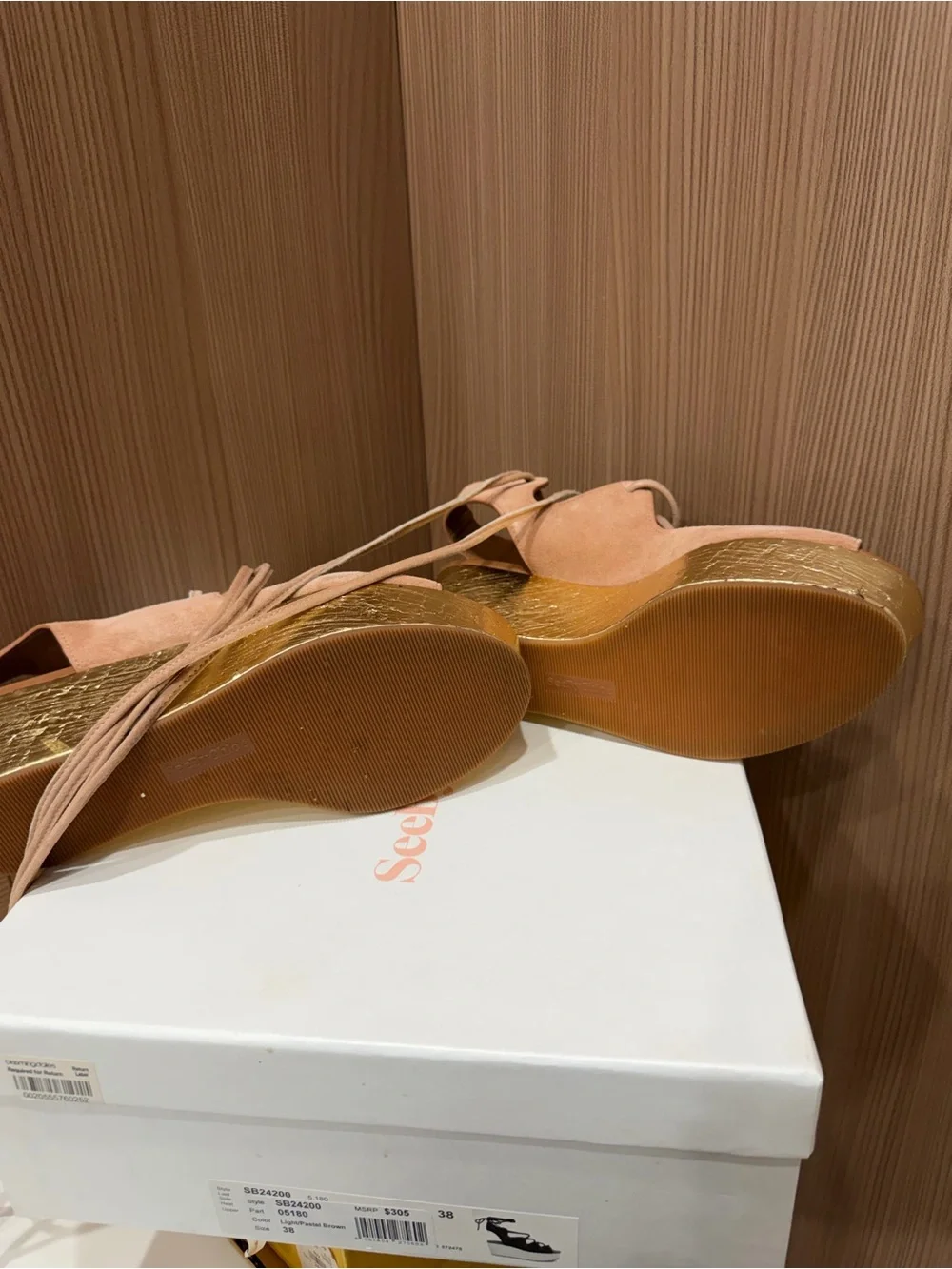 See by Chloé Pink Suede Lace Up Platform Wedge Sandals Gold Wedge Size 38